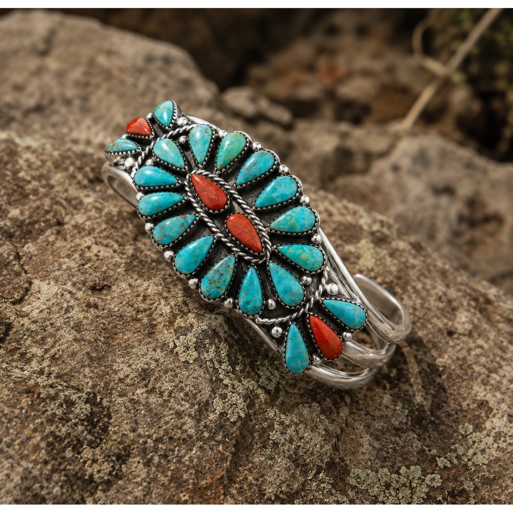 NWOT Sterling Silver Turquoise & Red Coral Cluster Cuff Bracelet Southwestern